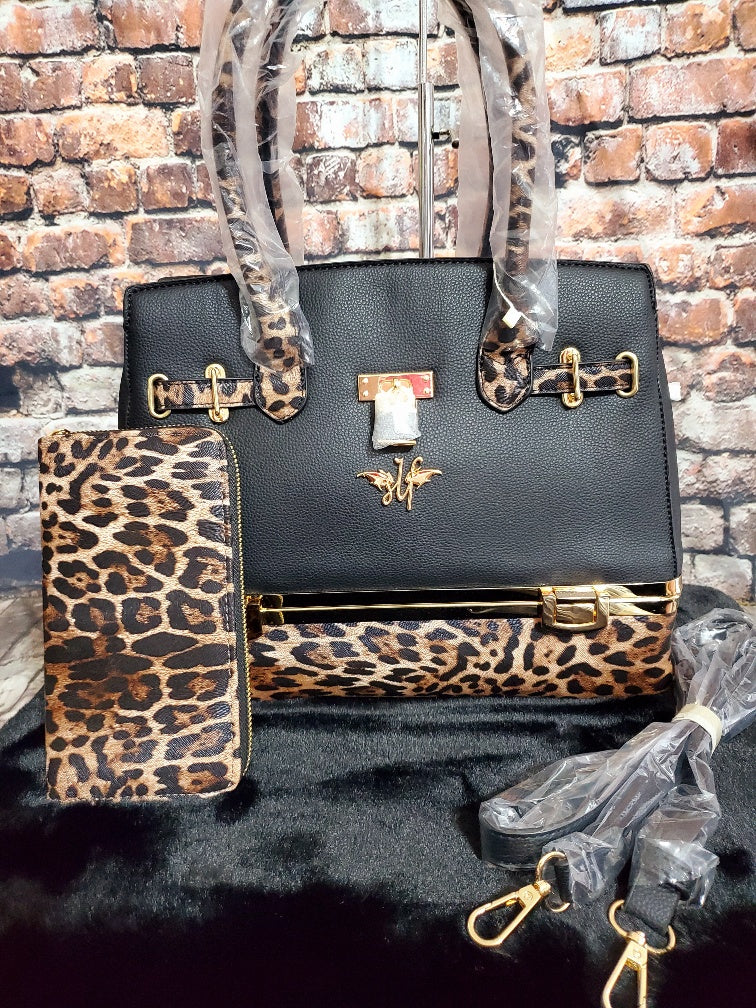 Black Leather Handbag Set w/ Animal Print Trim