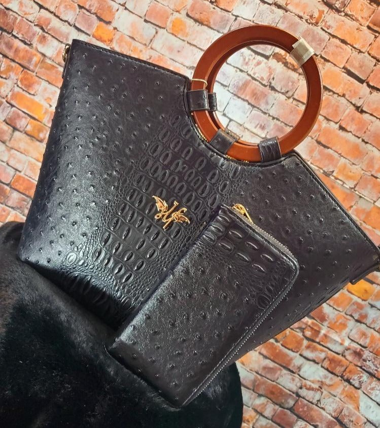 Black Ostrich Skin Handbag Set